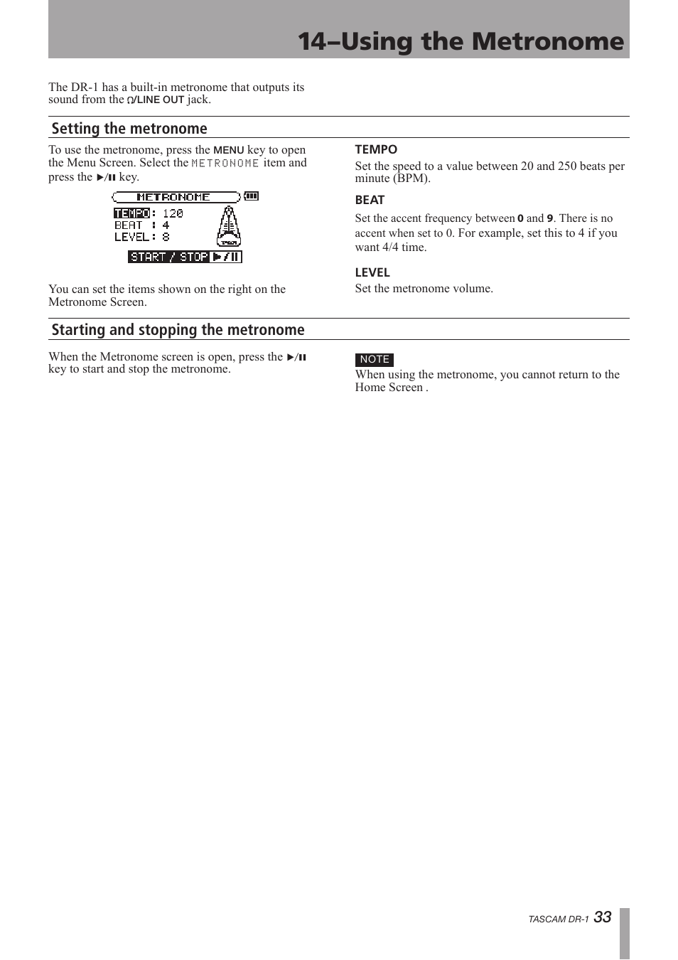 Using the metronome, Setting the metronome, Starting and stopping the metronome | 14–using the metronome | Teac DR-1 User Manual | Page 33 / 43