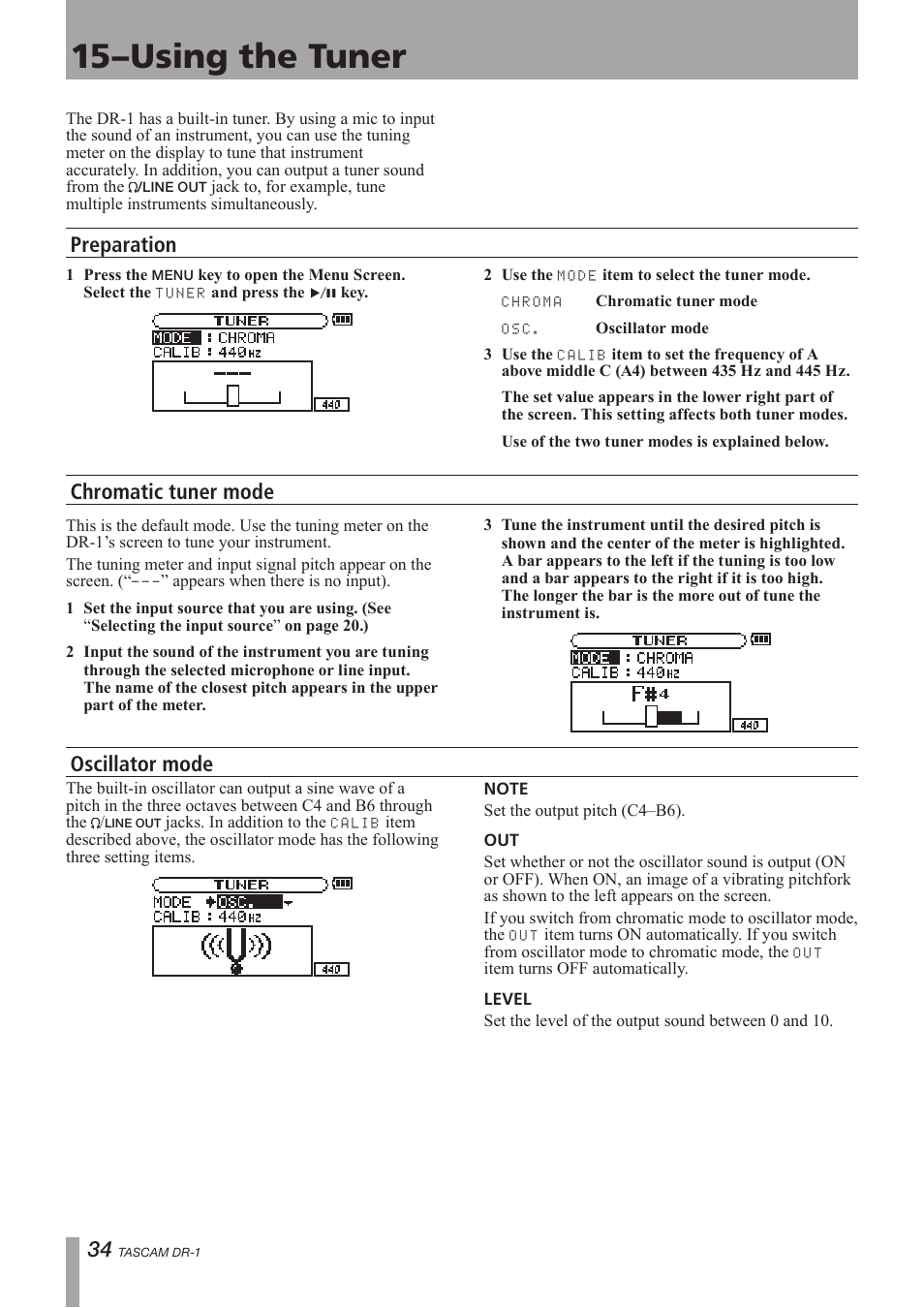 Using the tuner, Preparation, Chromatic tuner mode | Oscillator mode, 15–using the tuner, Preparation chromatic tuner mode oscillator mode | Teac DR-1 User Manual | Page 34 / 43