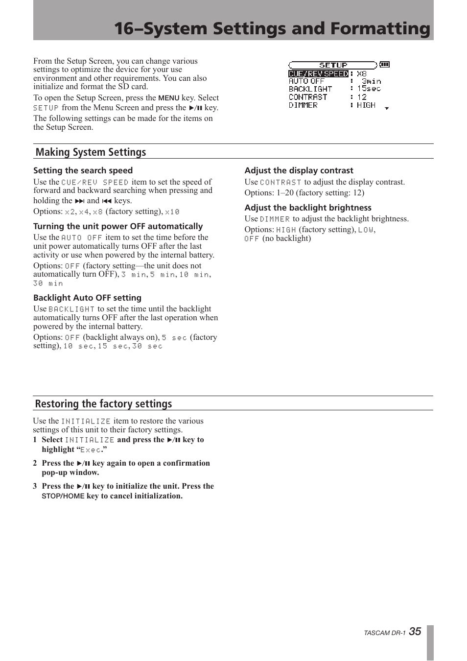 System settings and formatting, Making system settings, Restoring the factory settings | 16–system settings and formatting | Teac DR-1 User Manual | Page 35 / 43