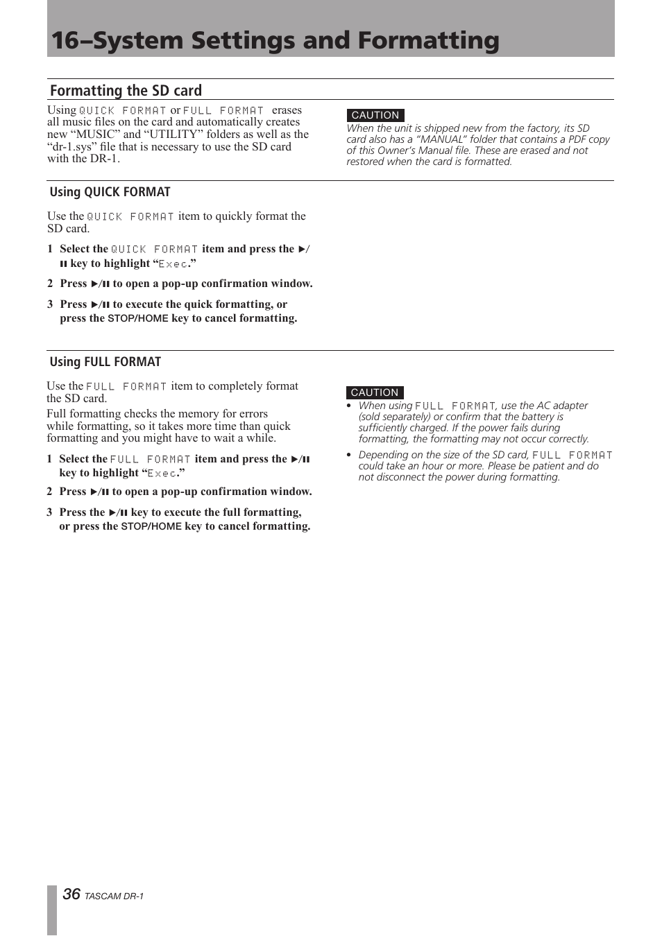 Formatting the sd card, Using quick format, Using full format | 16–system settings and formatting | Teac DR-1 User Manual | Page 36 / 43