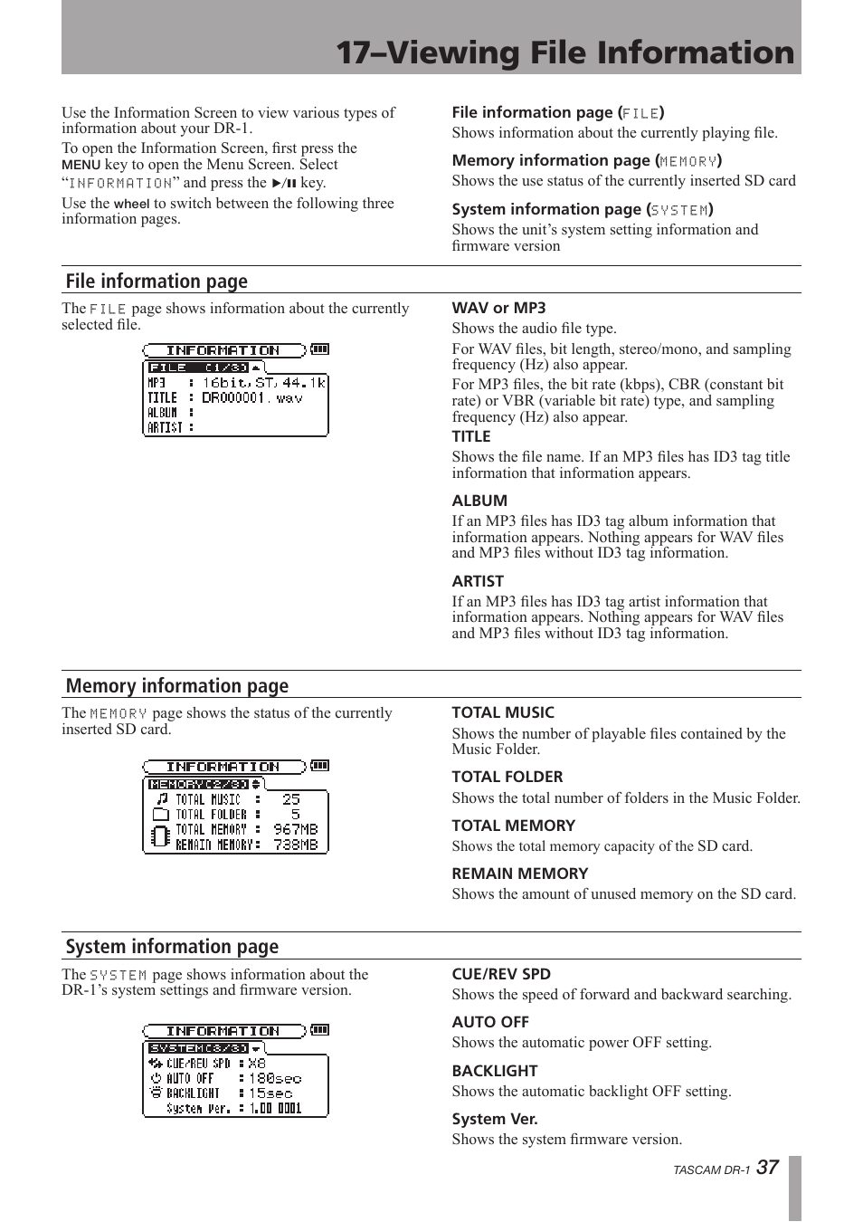 Viewing file information, 17–viewing file information, File information page | Teac DR-1 User Manual | Page 37 / 43