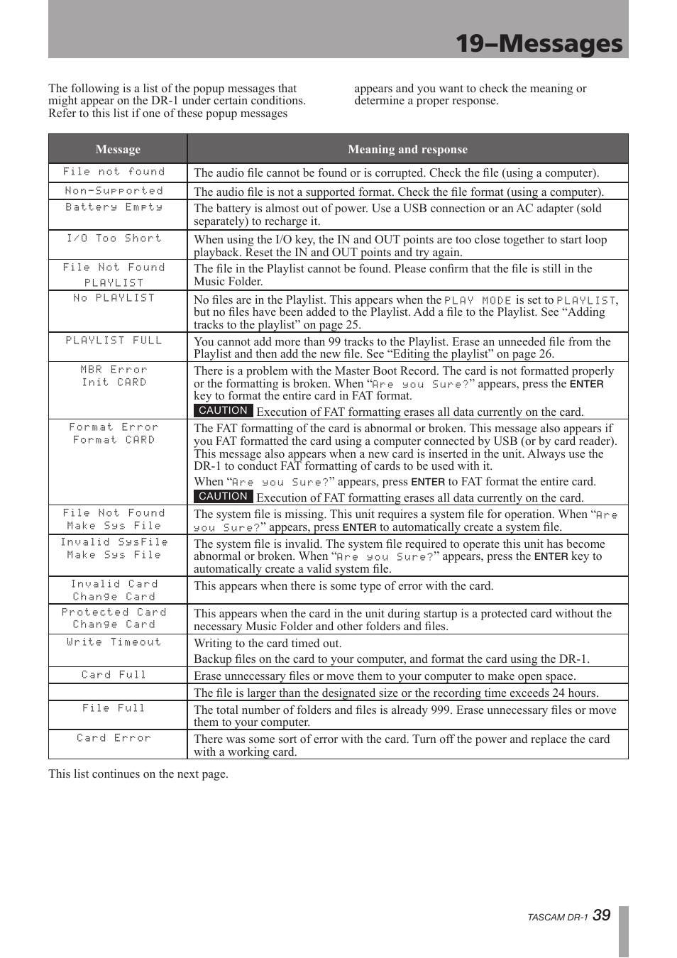 Messages, 19–messages | Teac DR-1 User Manual | Page 39 / 43