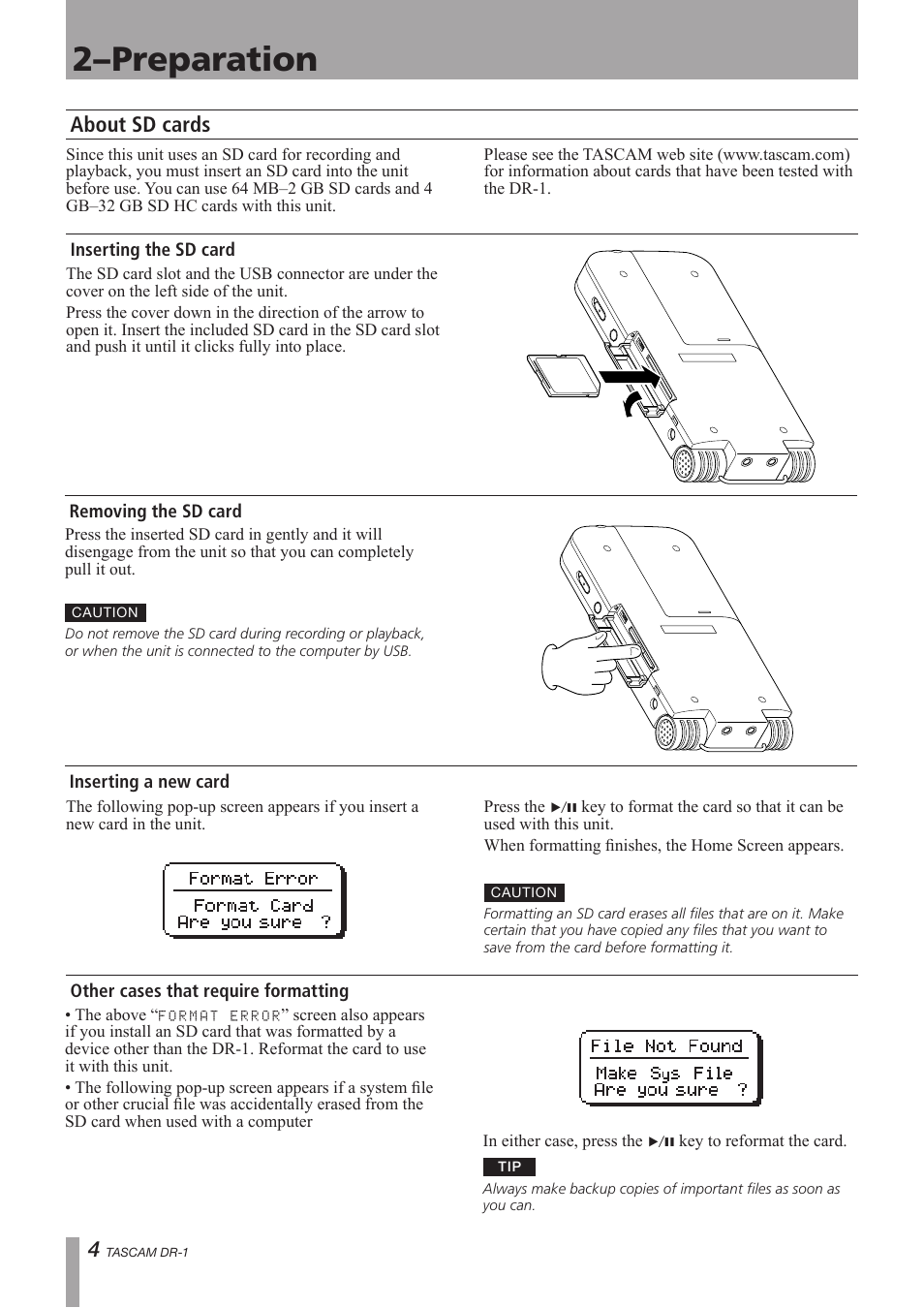 Preparation, About sd cards, Inserting the sd card | Removing the sd card, Inserting a new card, Other cases that require formatting, 2–preparation | Teac DR-1 User Manual | Page 4 / 43