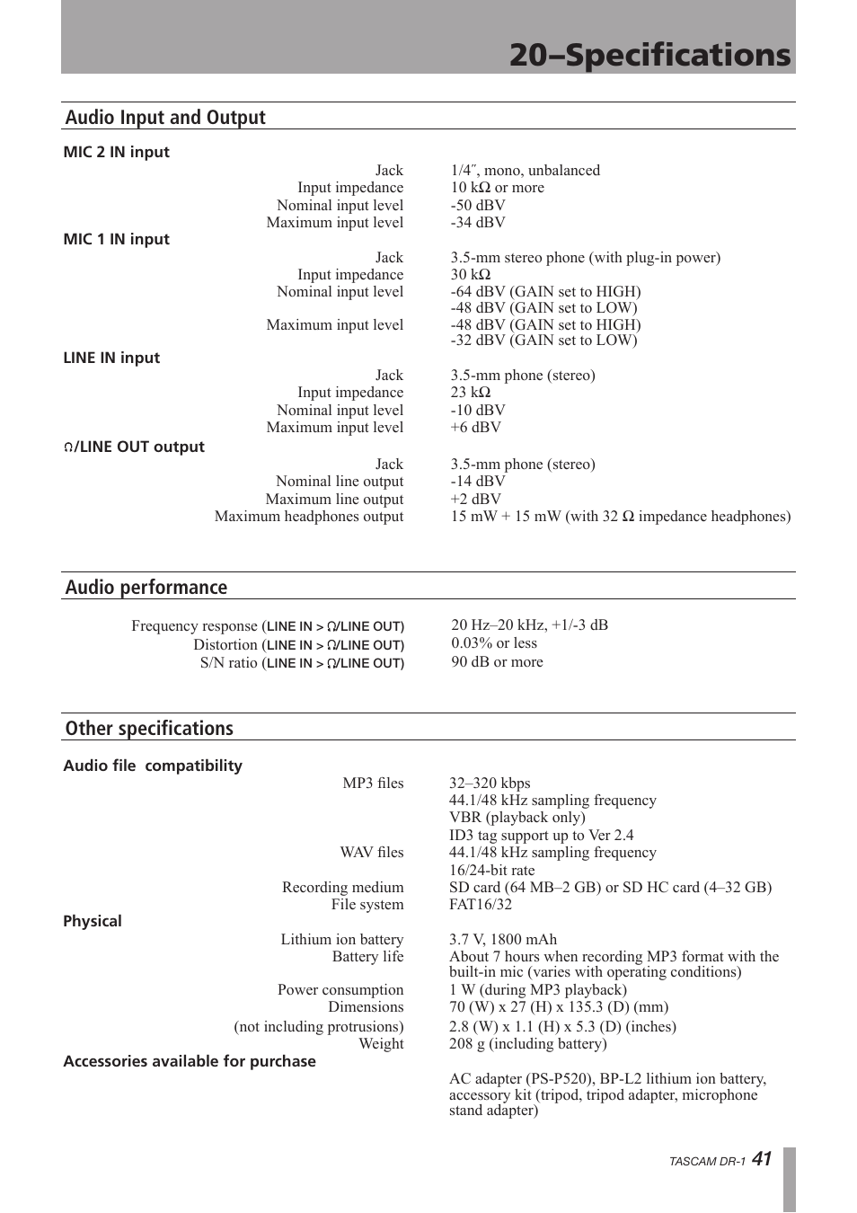 Specifications, Audio input and output, Audio performance | Other specifications, 20–specifications | Teac DR-1 User Manual | Page 41 / 43