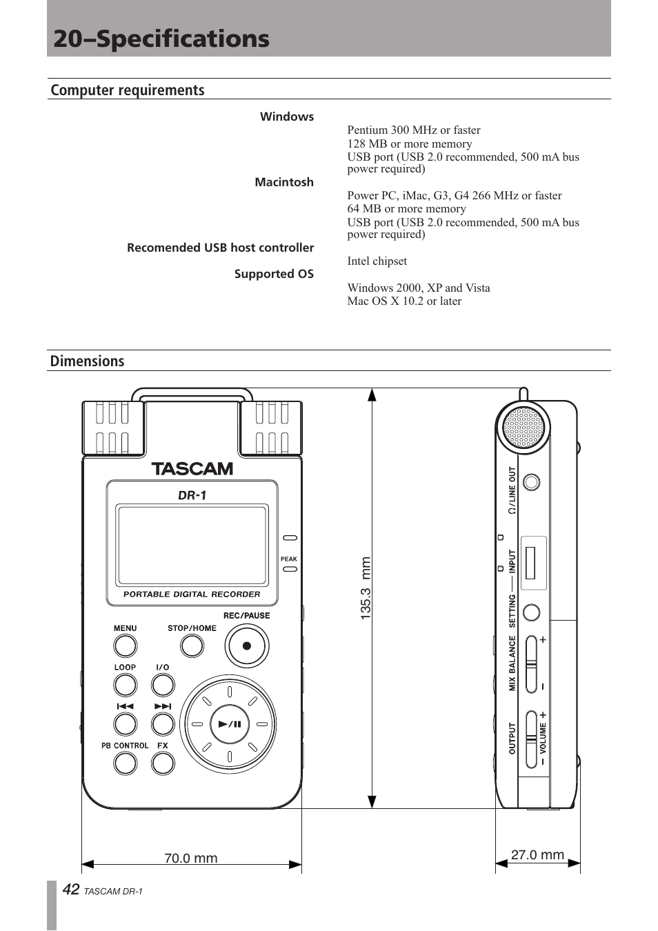 Computer requirements, Dimensions, 20–specifications | Teac DR-1 User Manual | Page 42 / 43