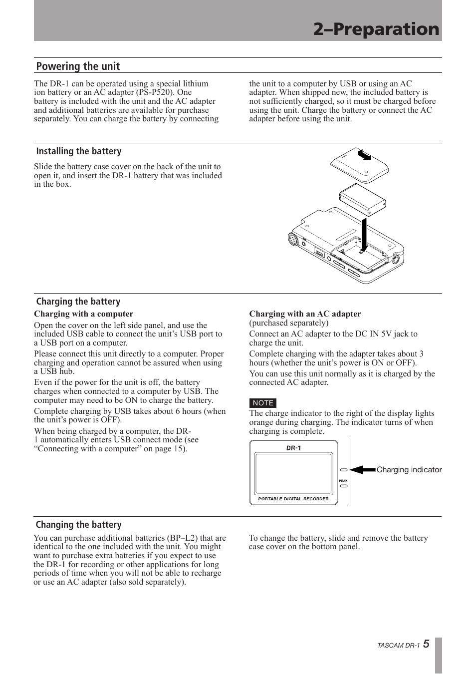 Powering the unit, Installing the battery, Charging the battery | Changing the battery, 2–preparation | Teac DR-1 User Manual | Page 5 / 43