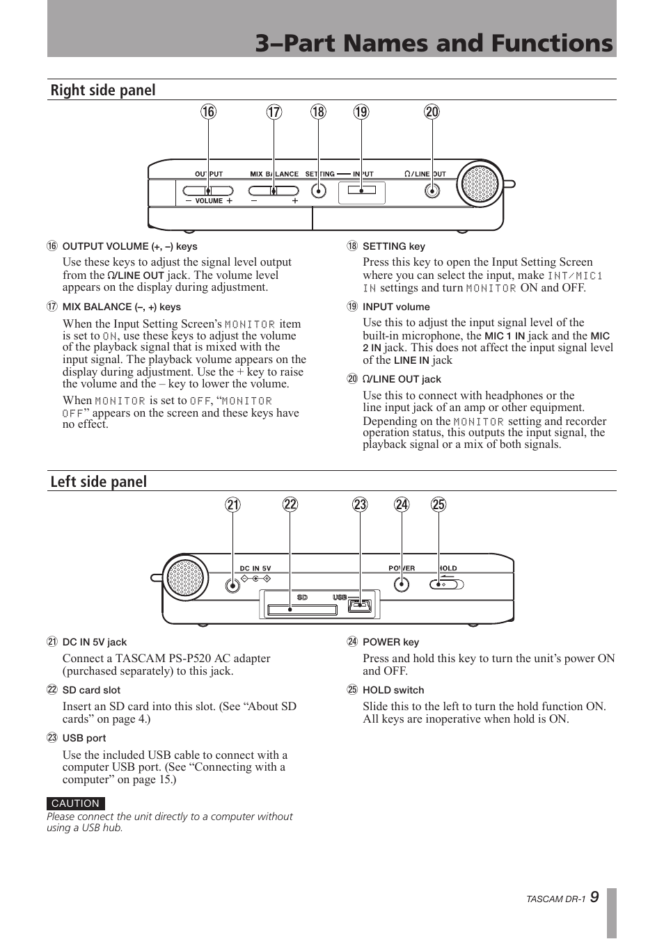 Right side panel, Left side panel, 3–part names and functions | Right side panel left side panel | Teac DR-1 User Manual | Page 9 / 43