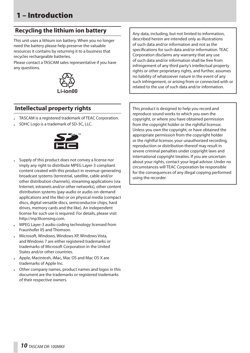 Recycling the lithium ion battery, Intellectual property rights, 1 – introduction | Teac DR-100MKII User Manual | Page 10 / 60