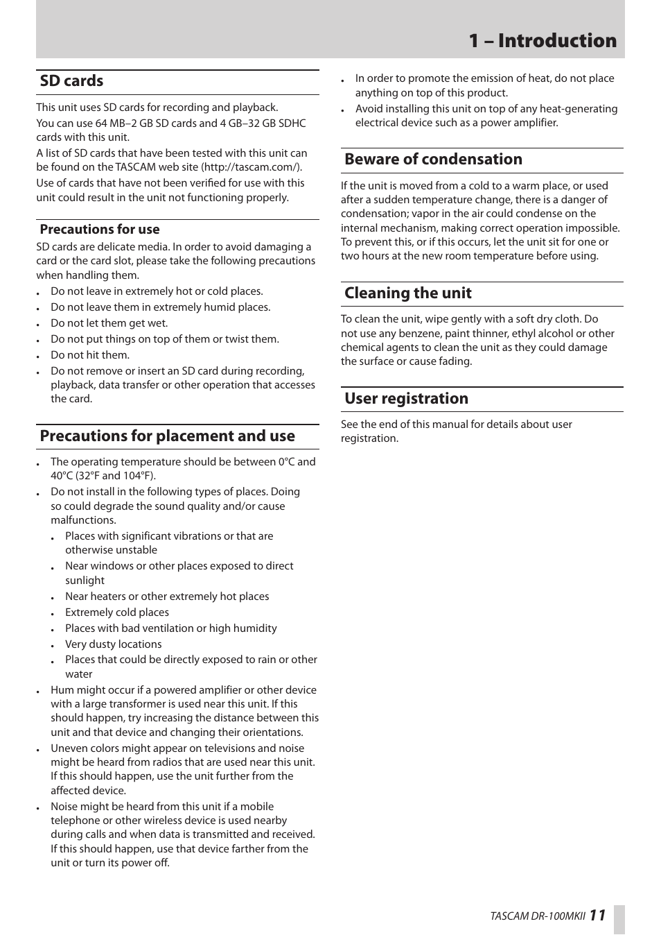 Sd cards, Precautions for use, Precautions for placement and use | Beware of condensation, Cleaning the unit, User registration, 1 – introduction, 11 sd cards | Teac DR-100MKII User Manual | Page 11 / 60