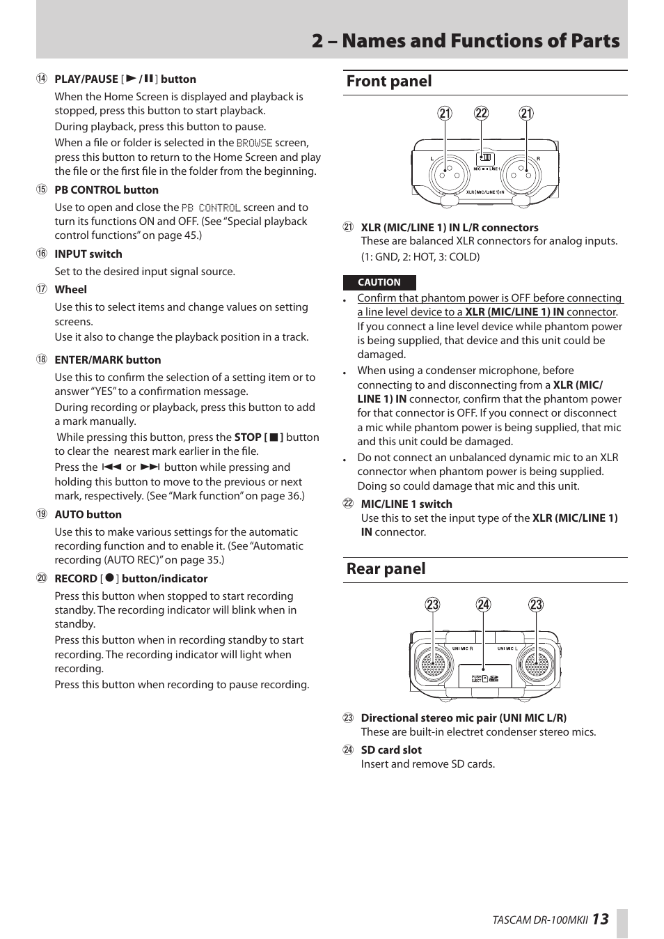 Front panel, Rear panel, Front panel rear panel | 2 – names and functions of parts | Teac DR-100MKII User Manual | Page 13 / 60