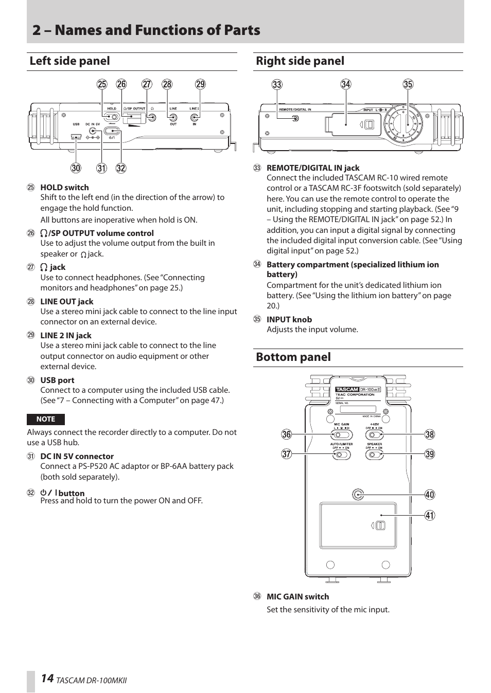 Left side panel, Right side panel, Bottom panel | Left side panel right side panel bottom panel, 2 – names and functions of parts | Teac DR-100MKII User Manual | Page 14 / 60