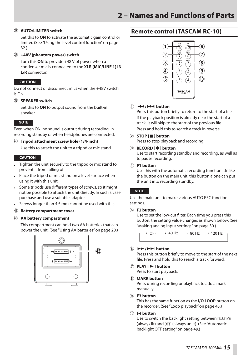 Remote control (tascam rc-10), 2 – names and functions of parts | Teac DR-100MKII User Manual | Page 15 / 60