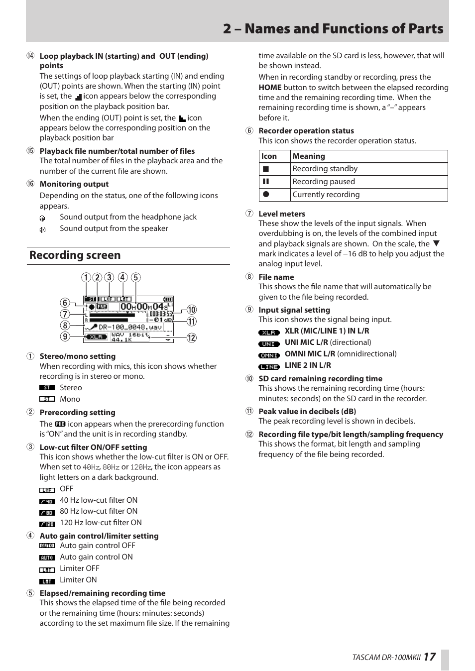 Recording screen, 2 – names and functions of parts | Teac DR-100MKII User Manual | Page 17 / 60