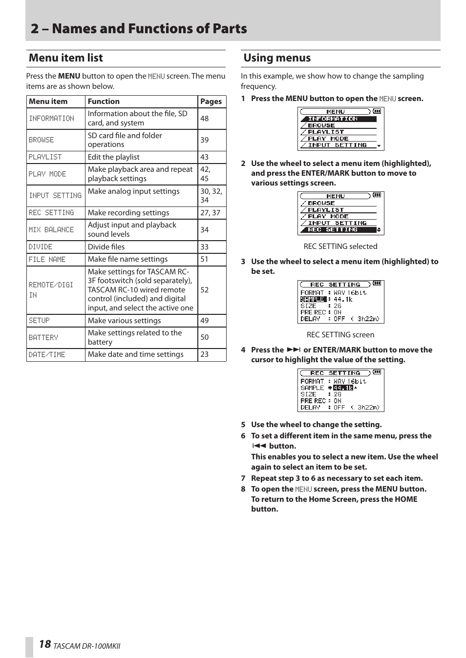 Menu item list, Using menus, Menu item list using menus | 2 – names and functions of parts | Teac DR-100MKII User Manual | Page 18 / 60