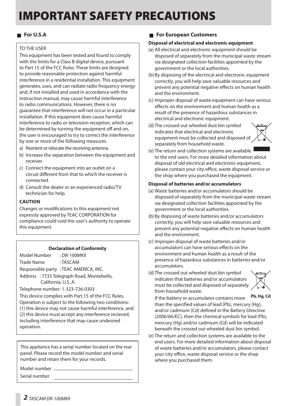 Important safety precautions | Teac DR-100MKII User Manual | Page 2 / 60