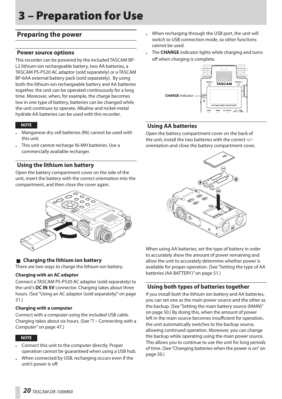 3 – preparation for use, Preparing the power, Power source options | Using the lithium ion battery, Using aa batteries, Using both types of batteries together | Teac DR-100MKII User Manual | Page 20 / 60