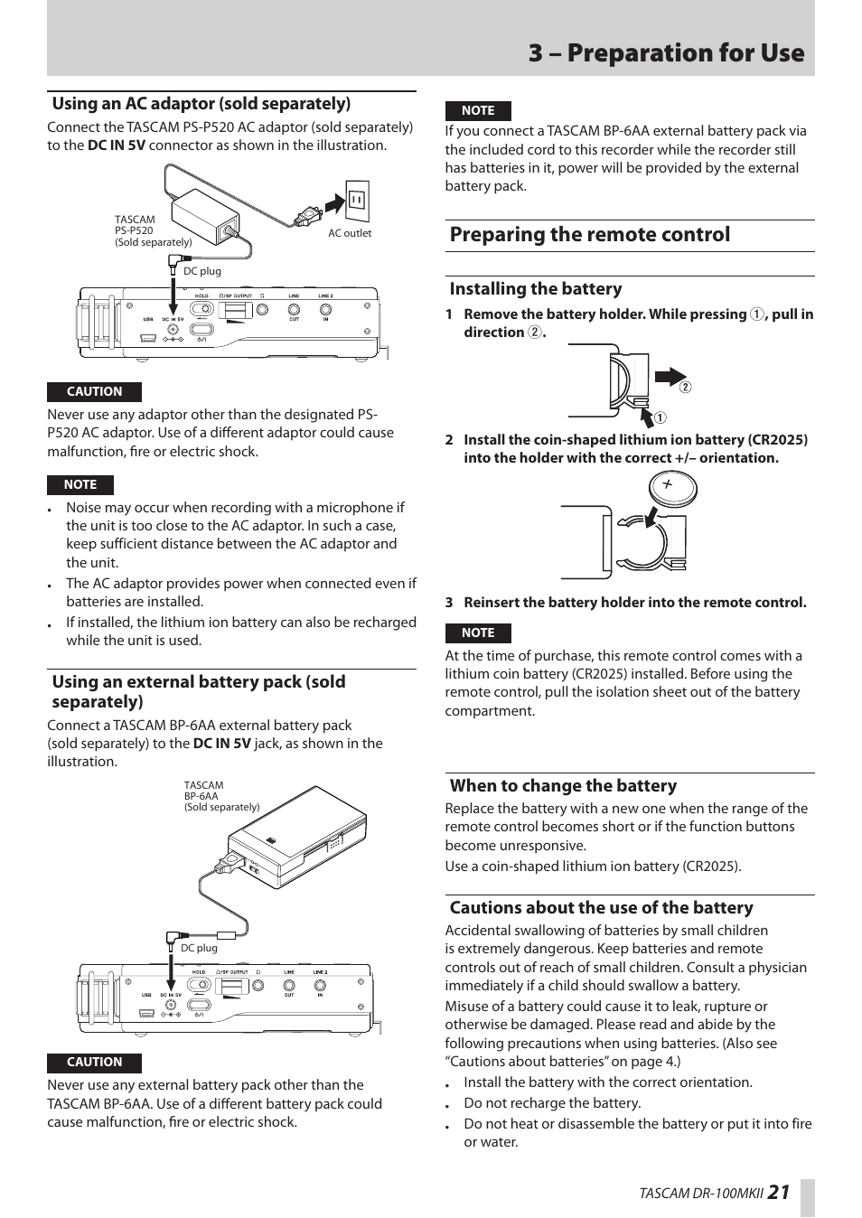 Using an ac adaptor (sold separately), Using an external battery pack (sold separately), Preparing the remote control | Installing the battery, When to change the battery, Cautions about the use of the battery, 3 – preparation for use | Teac DR-100MKII User Manual | Page 21 / 60