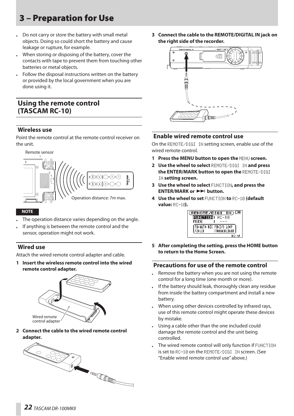 Using the remote control (tascam rc-10), Wireless use, Wired use | Enable wired remote control use, Precautions for use of the remote control, 3 – preparation for use | Teac DR-100MKII User Manual | Page 22 / 60