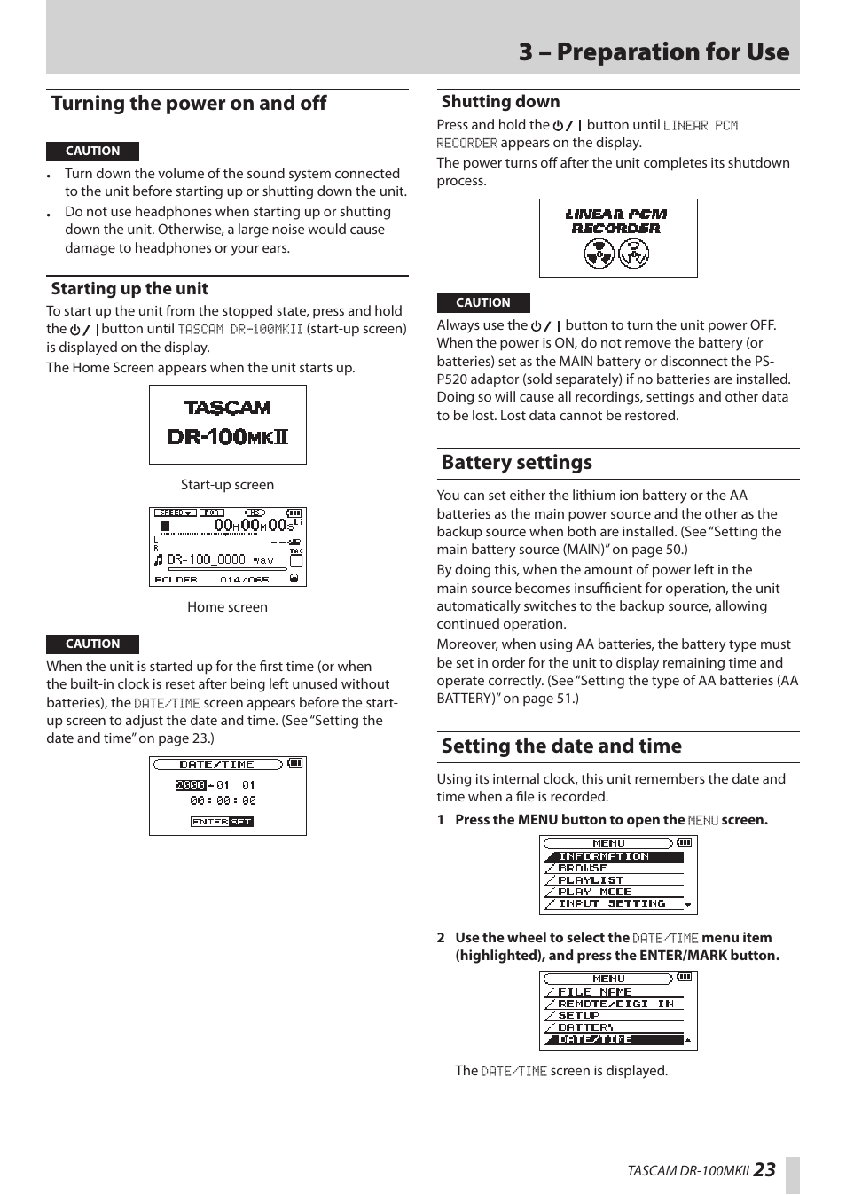 Turning the power on and off, Starting up the unit, Shutting down | Battery settings, Setting the date and time, Starting up the unit shutting down, Battery settings setting the date and time, 3 – preparation for use | Teac DR-100MKII User Manual | Page 23 / 60