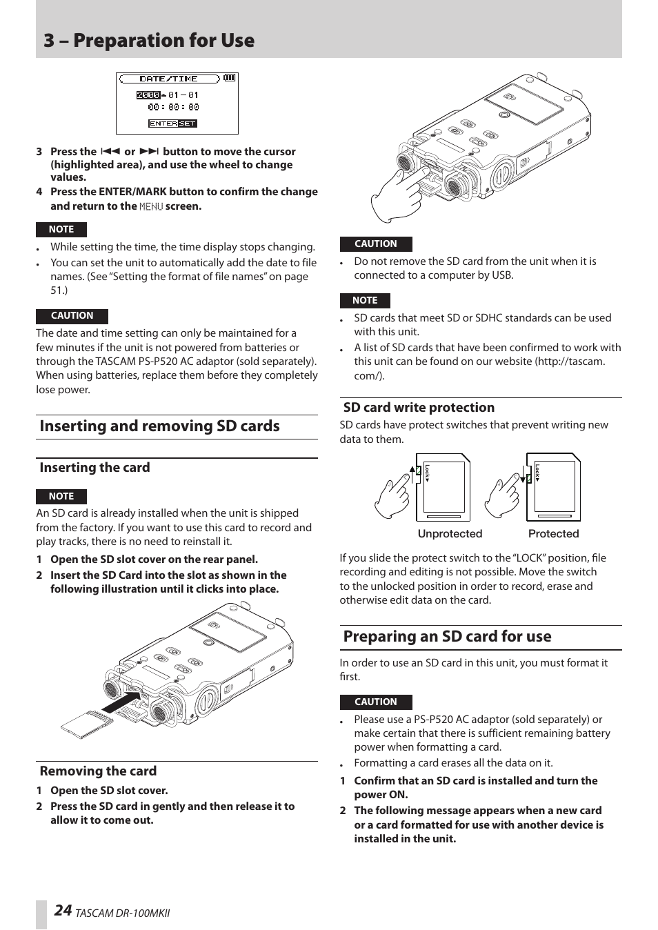 Inserting and removing sd cards, Inserting the card, Removing the card | Sd card write protection, Preparing an sd card for use, 3 – preparation for use | Teac DR-100MKII User Manual | Page 24 / 60