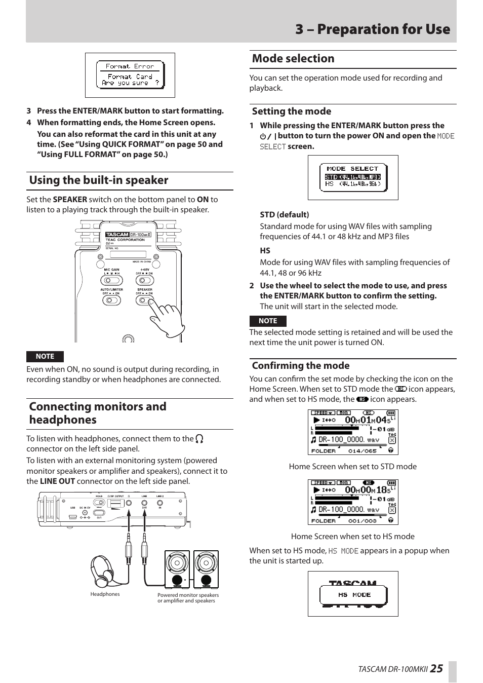 Using the built-in speaker, Connecting monitors and headphones, Mode selection | Setting the mode, Confirming the mode, Setting the mode confirming the mode, 3 – preparation for use | Teac DR-100MKII User Manual | Page 25 / 60