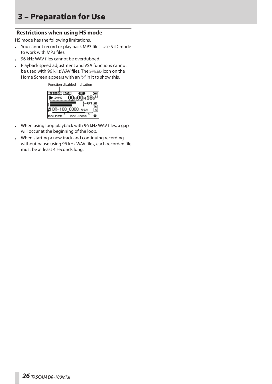 Restrictions when using hs mode, 3 – preparation for use | Teac DR-100MKII User Manual | Page 26 / 60