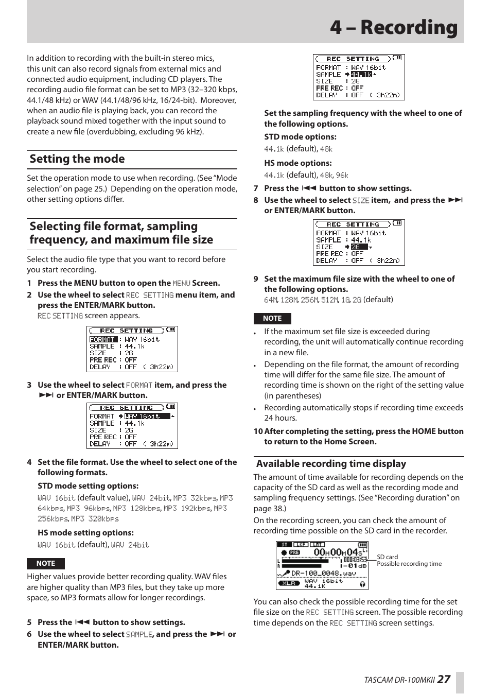 4 – recording, Setting the mode, Available recording time display | Teac DR-100MKII User Manual | Page 27 / 60