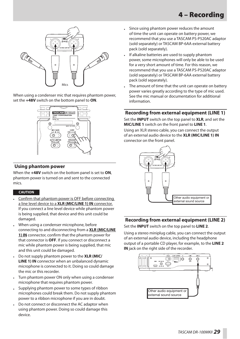 Using phantom power, Recording from external equipment (line 1), Recording from external equipment (line 2) | 4 – recording | Teac DR-100MKII User Manual | Page 29 / 60