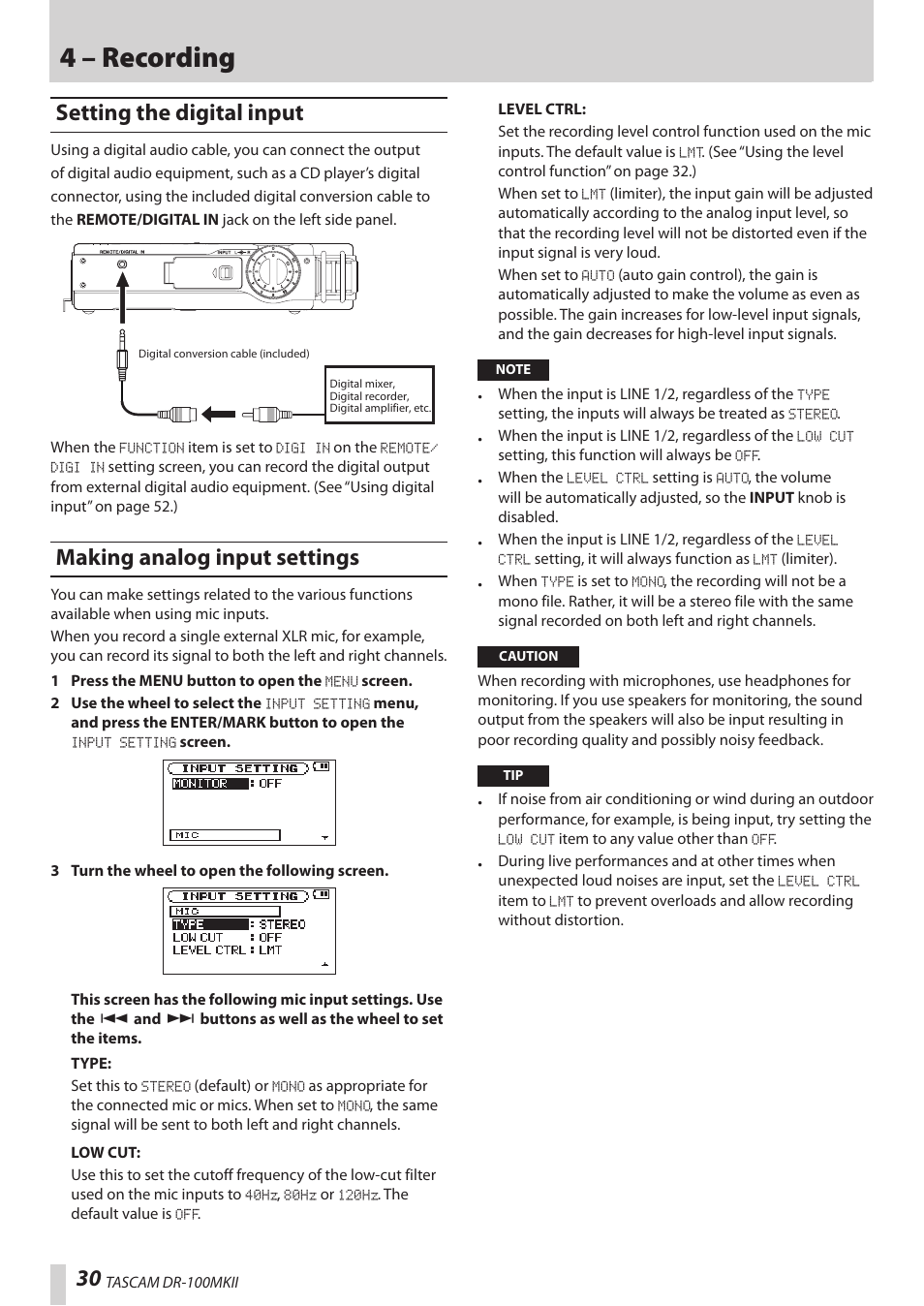 Setting the digital input, Making analog input settings, 4 – recording | Teac DR-100MKII User Manual | Page 30 / 60