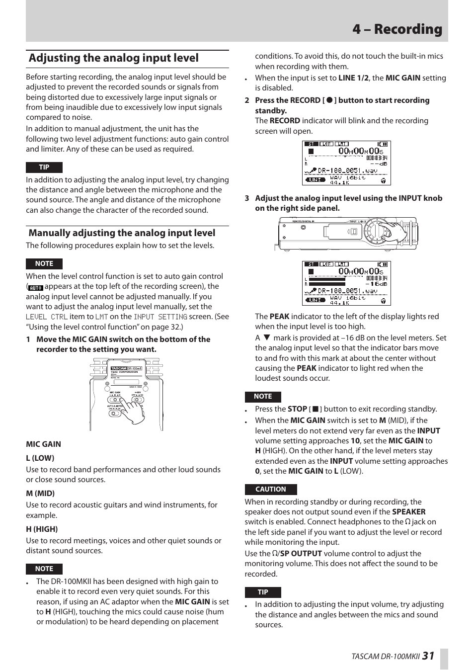 Adjusting the analog input level, Manually adjusting the analog input level, 4 – recording | Teac DR-100MKII User Manual | Page 31 / 60