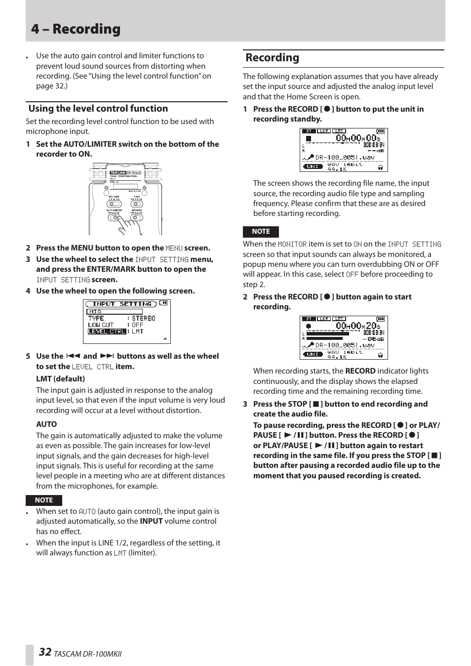 Using the level control function, Recording, 4 – recording | Teac DR-100MKII User Manual | Page 32 / 60