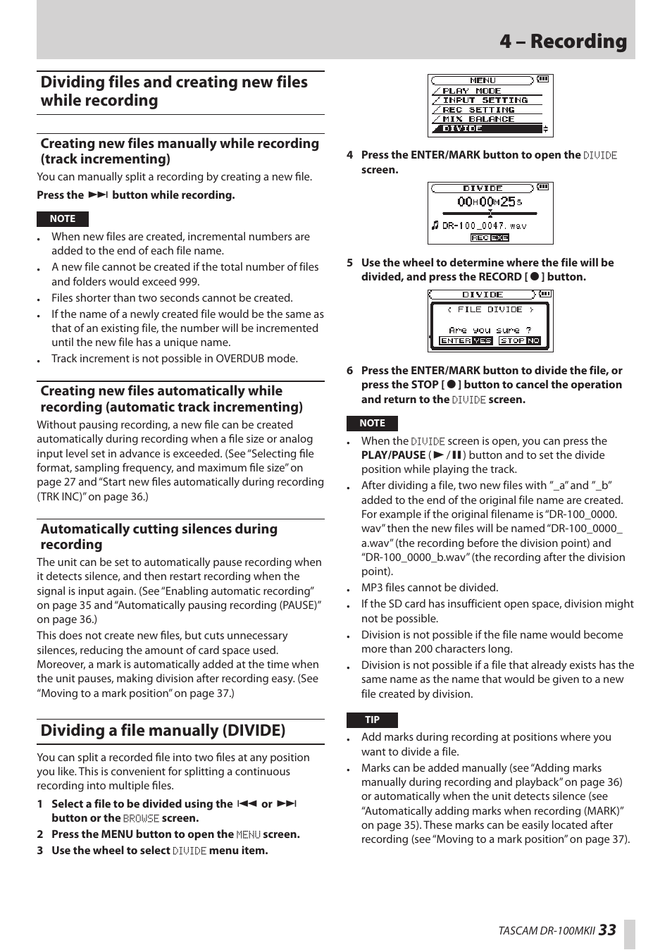 Automatically cutting silences during recording, Dividing a file manually (divide), 4 – recording | Teac DR-100MKII User Manual | Page 33 / 60