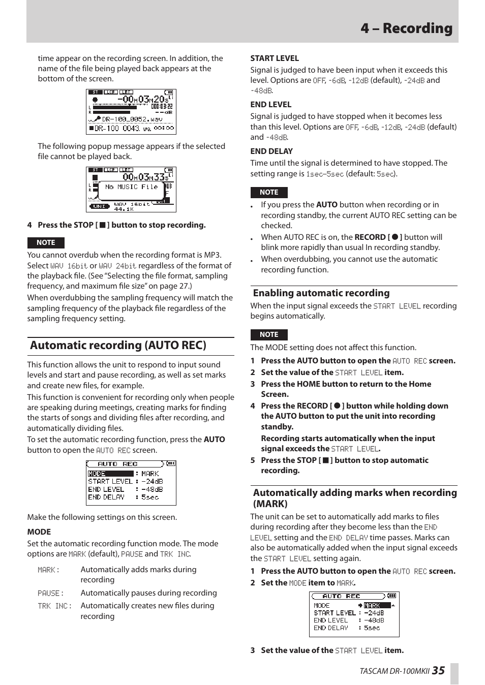 Automatic recording (auto rec), Enabling automatic recording, Automatically adding marks when recording (mark) | 4 – recording | Teac DR-100MKII User Manual | Page 35 / 60