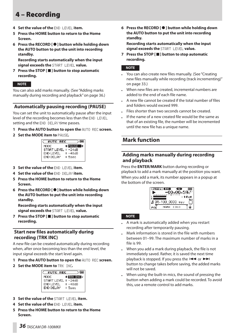 Automatically pausing recording (pause), Mark function, 4 – recording | Teac DR-100MKII User Manual | Page 36 / 60