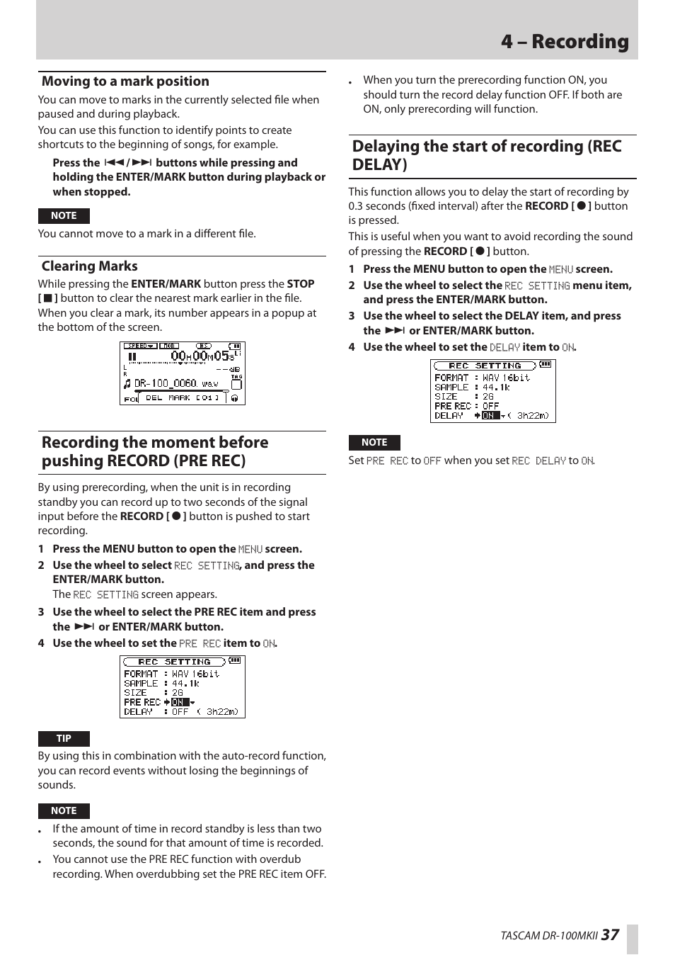 Moving to a mark position, Clearing marks, Delaying the start of recording (rec delay) | Moving to a mark position clearing marks, 4 – recording | Teac DR-100MKII User Manual | Page 37 / 60