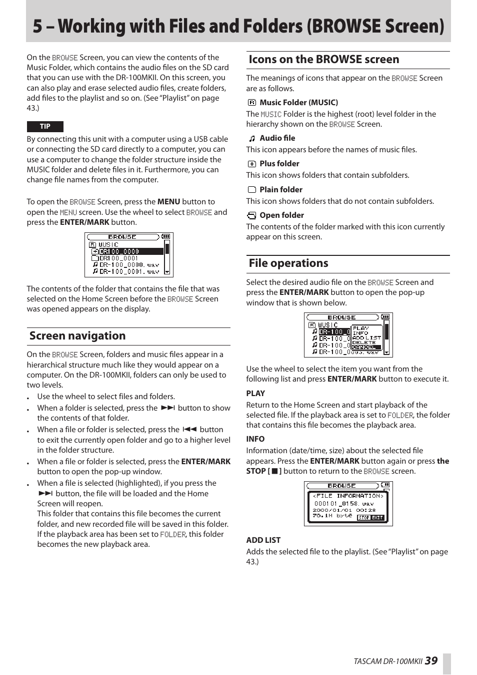 5 – working with files and folders (browse screen), Screen navigation, Icons on the browse screen | File operations, 5 – working with files and folders (browse, Screen), Icons on the browse screen file operations | Teac DR-100MKII User Manual | Page 39 / 60