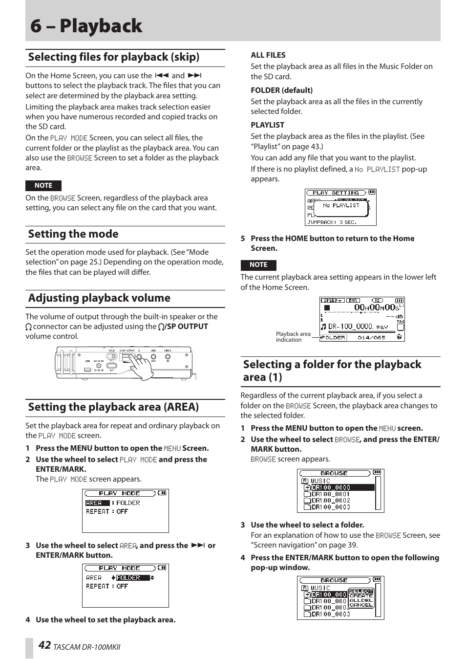 6 – playback, Selecting files for playback (skip), Setting the mode | Adjusting playback volume, Setting the playback area (area), Selecting a folder for the playback area (1) | Teac DR-100MKII User Manual | Page 42 / 60