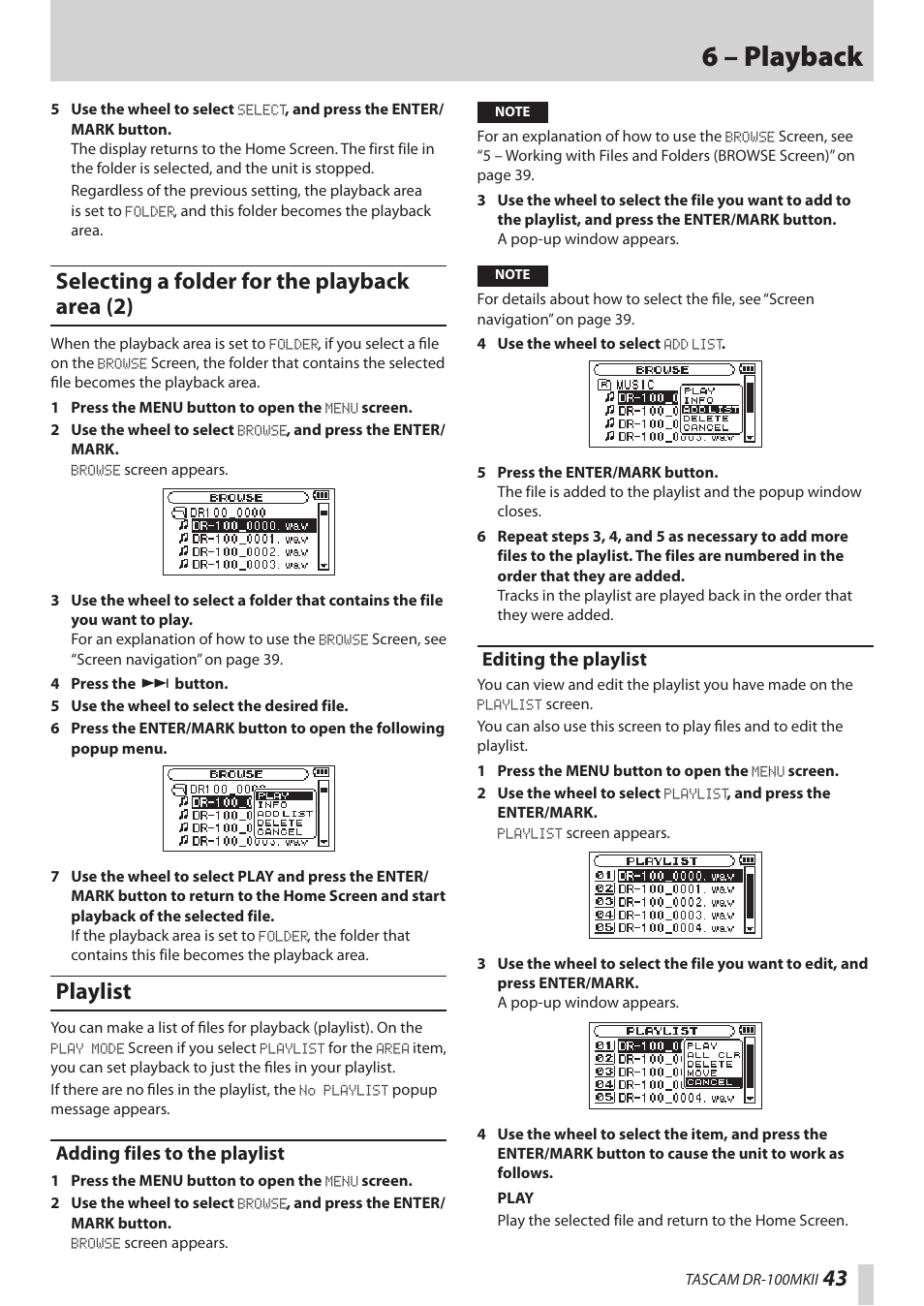 Selecting a folder for the playback area (2), Playlist, Adding files to the playlist | Editing the playlist, Adding files to the playlist editing the playlist, 6 – playback | Teac DR-100MKII User Manual | Page 43 / 60