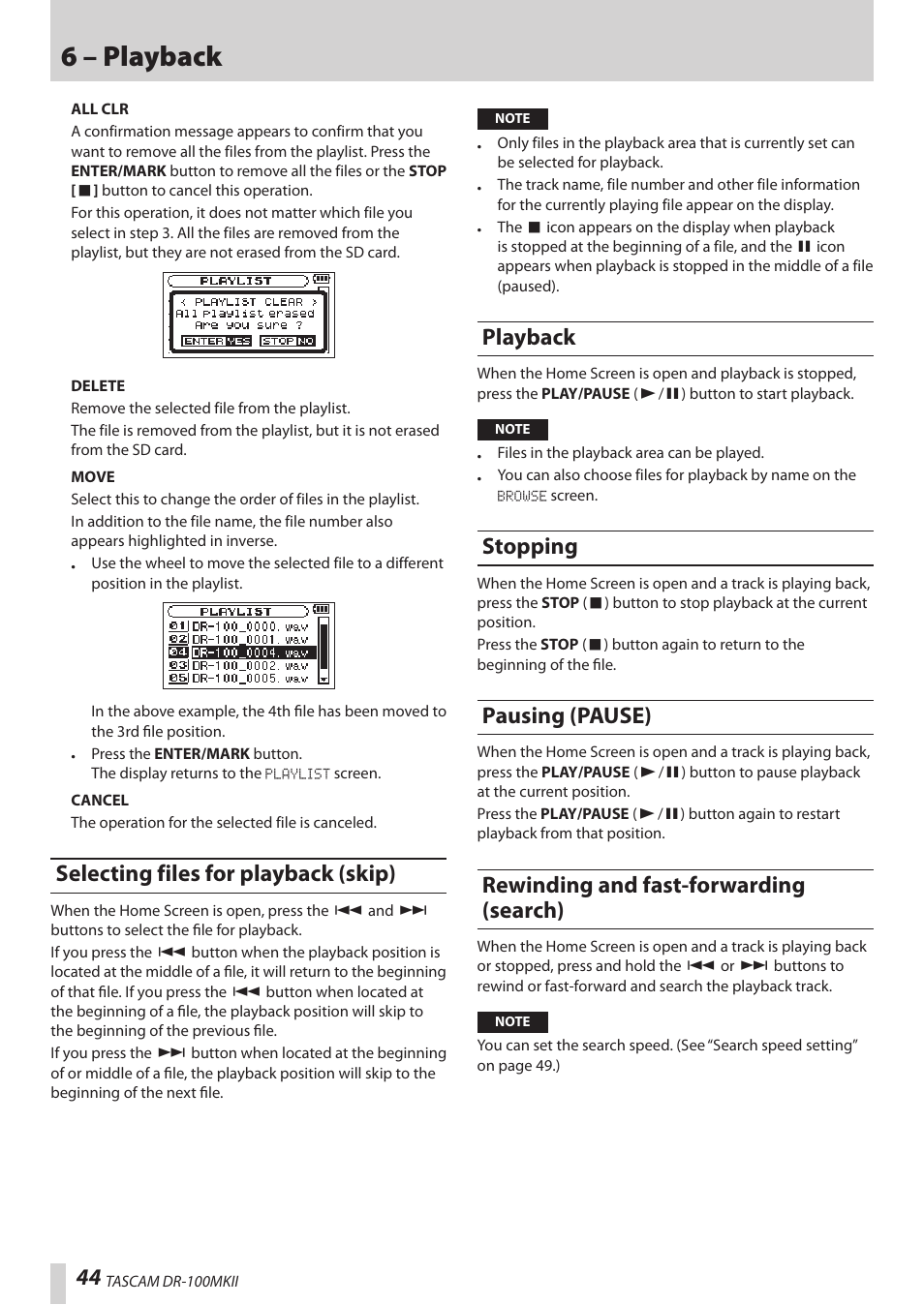 Selecting files for playback (skip), Playback, Stopping | Pausing (pause), Rewinding and fast-forwarding (search), See “automatic, 6 – playback | Teac DR-100MKII User Manual | Page 44 / 60