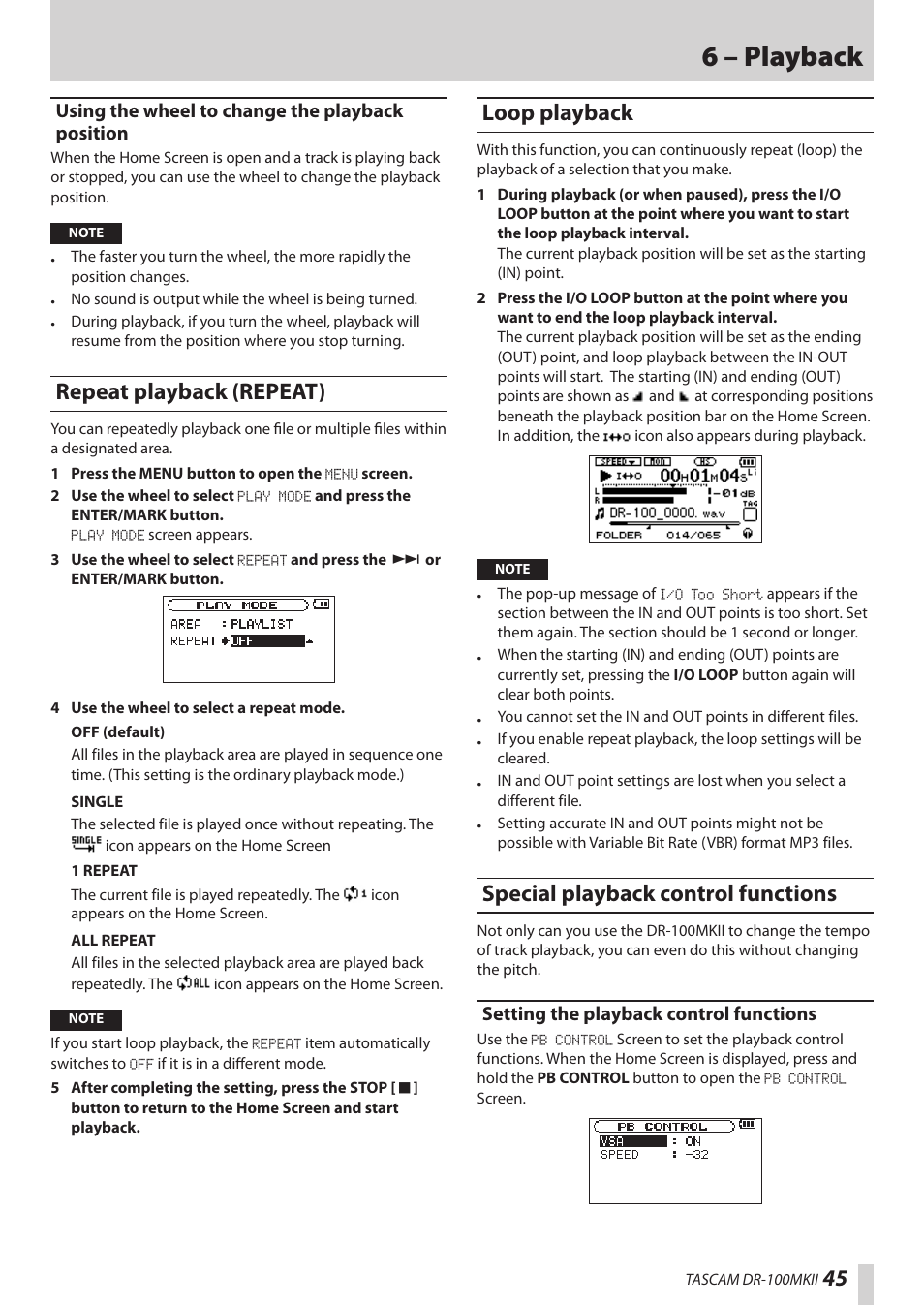 Using the wheel to change the playback position, Repeat playback (repeat), Loop playback | Special playback control functions, Setting the playback control functions, 6 – playback | Teac DR-100MKII User Manual | Page 45 / 60