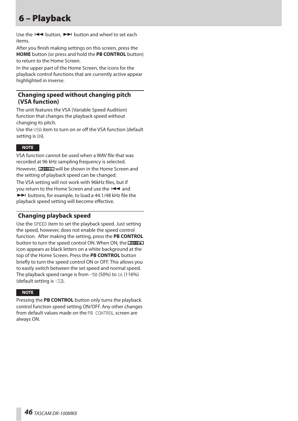 Changing playback speed, 6 – playback | Teac DR-100MKII User Manual | Page 46 / 60