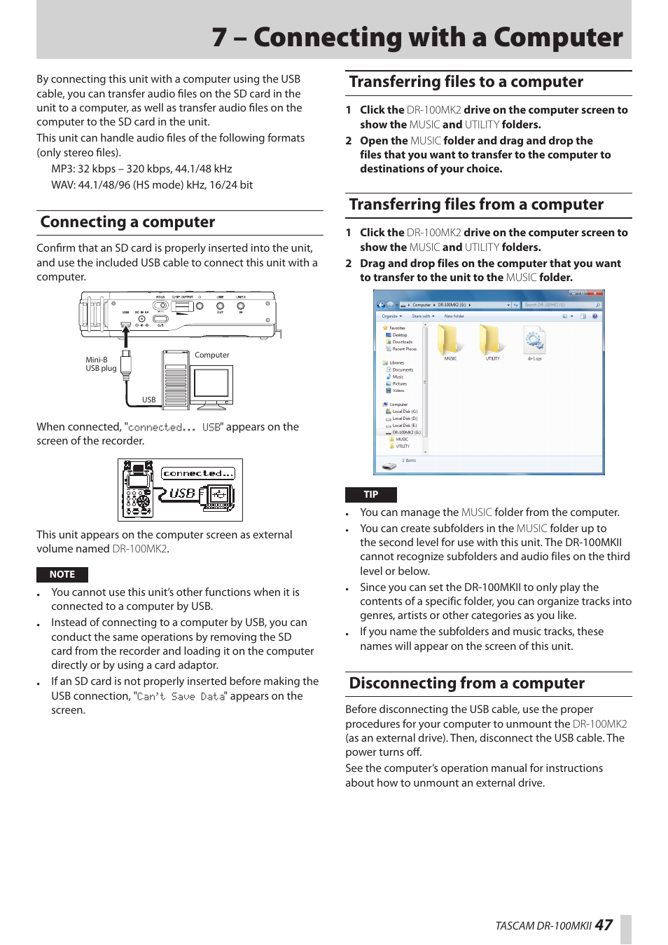 7 – connecting with a computer, Connecting a computer, Transferring files to a computer | Transferring files from a computer, Disconnecting from a computer | Teac DR-100MKII User Manual | Page 47 / 60