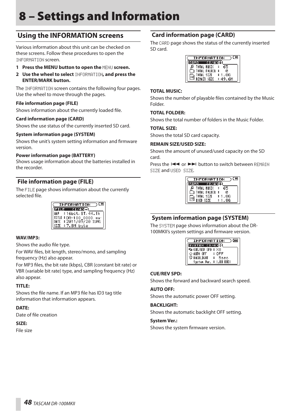 Using the information screens, 8 – settings and information, File information page (file) | Card information page (card), System information page (system) | Teac DR-100MKII User Manual | Page 48 / 60