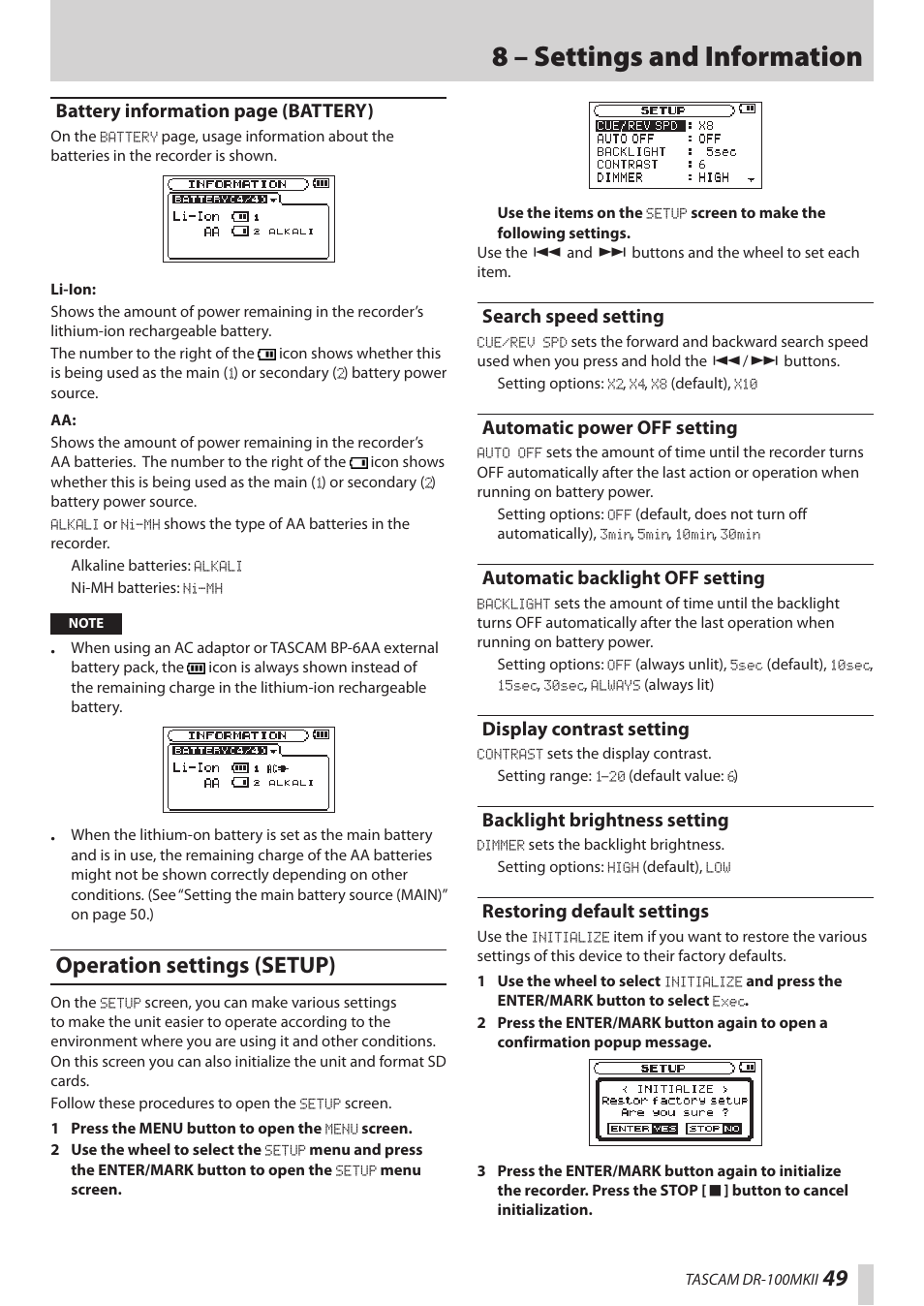 Operation settings (setup), Search speed setting, Automatic power off setting | Automatic backlight off setting, Display contrast setting, Backlight brightness setting, Restoring default settings, 8 – settings and information, Battery information page (battery) | Teac DR-100MKII User Manual | Page 49 / 60