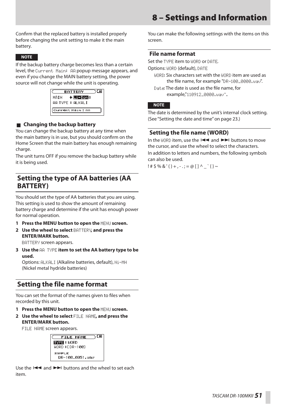 Setting the type of aa batteries (aa battery), Setting the file name format, File name format | Setting the file name (word), File name format setting the file name (word), 8 – settings and information | Teac DR-100MKII User Manual | Page 51 / 60