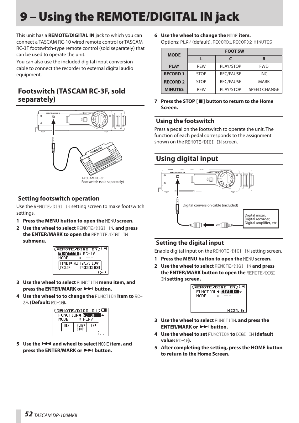 9 – using the remote/digital in jack, Footswitch (tascam rc-3f, sold separately), Setting footswitch operation | Using the footswitch, Using digital input, Setting the digital input | Teac DR-100MKII User Manual | Page 52 / 60