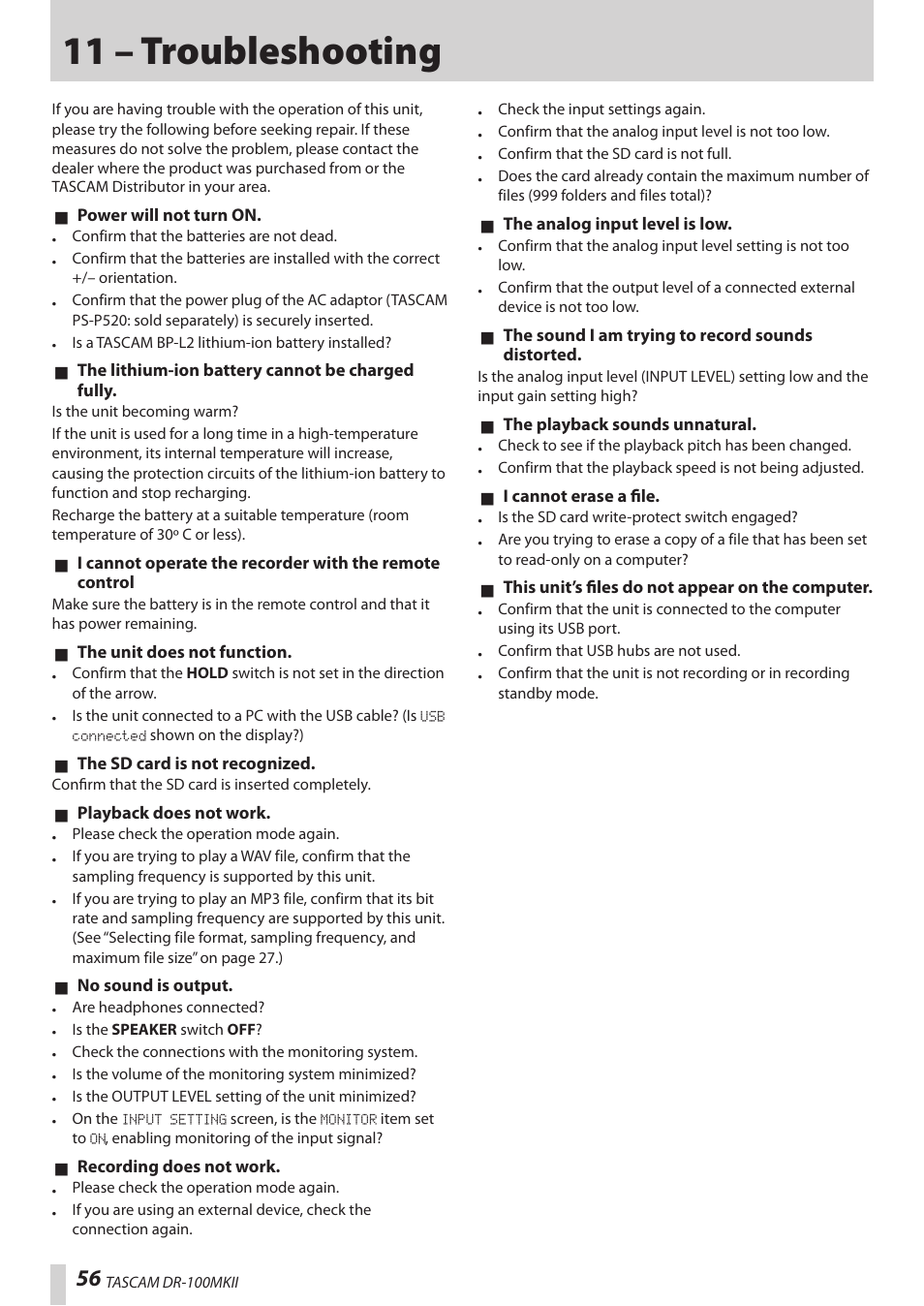 11 – troubleshooting | Teac DR-100MKII User Manual | Page 56 / 60