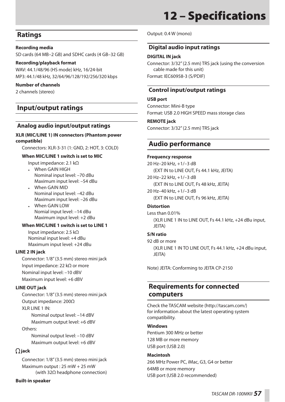 12 – specifications, Ratings, Input/output ratings | Analog audio input/output ratings, Digital audio input ratings, Control input/output ratings, Audio performance, Requirements for connected computers, Ratings input/output ratings | Teac DR-100MKII User Manual | Page 57 / 60