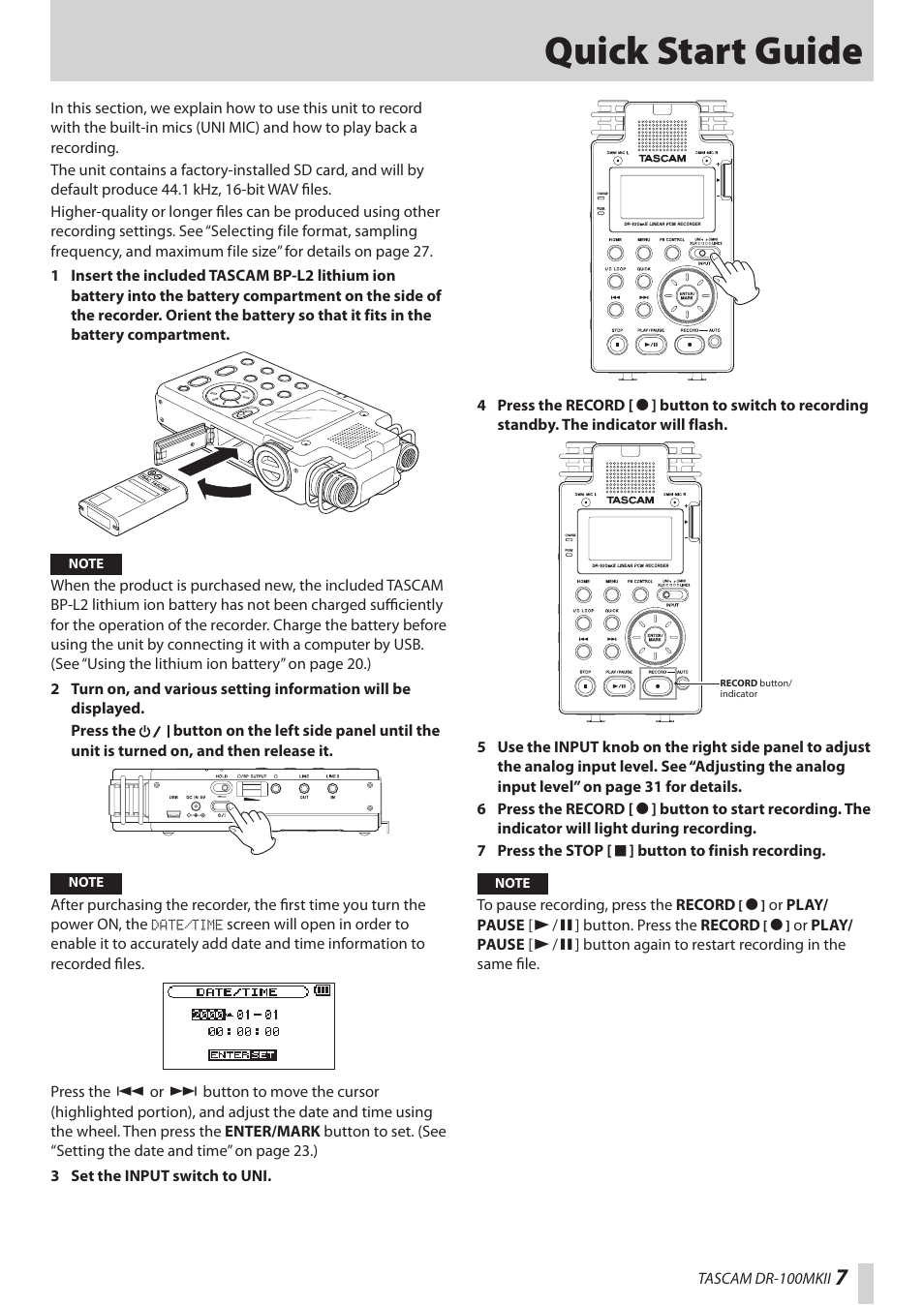 Quick start guide | Teac DR-100MKII User Manual | Page 7 / 60