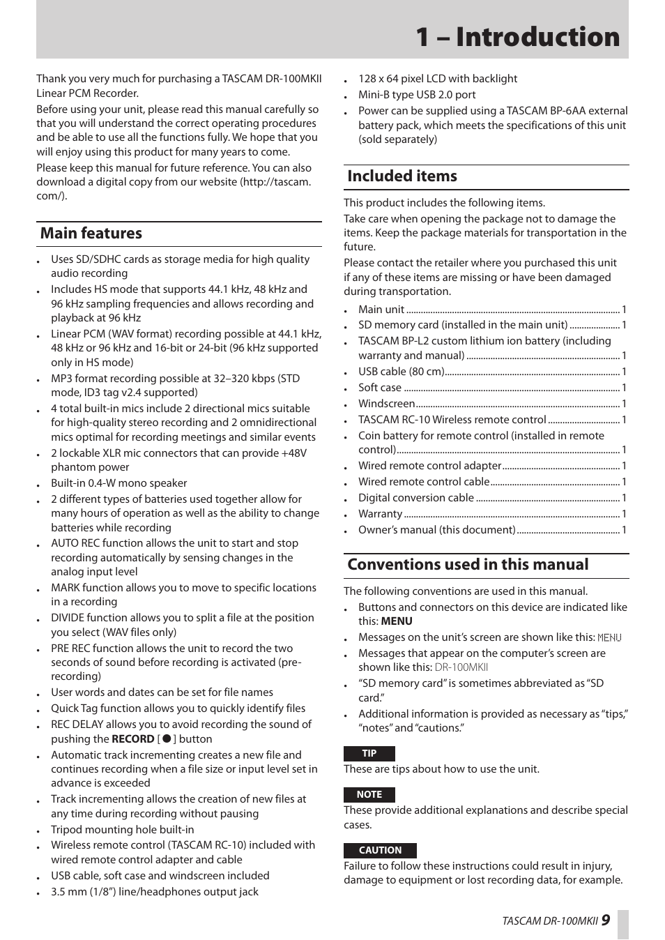 1 – introduction, Main features, Included items | Conventions used in this manual | Teac DR-100MKII User Manual | Page 9 / 60